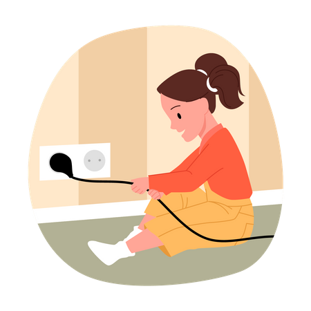 Little girl pulling out electric plug  일러스트레이션