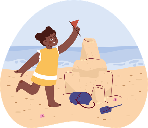 Little girl put flag on sand castle  Illustration