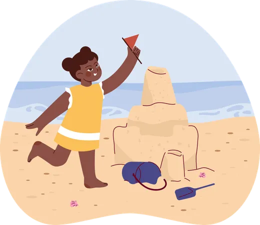 Little girl put flag on sand castle  Illustration