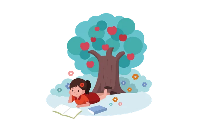 Little girl reading book under a tree  Illustration