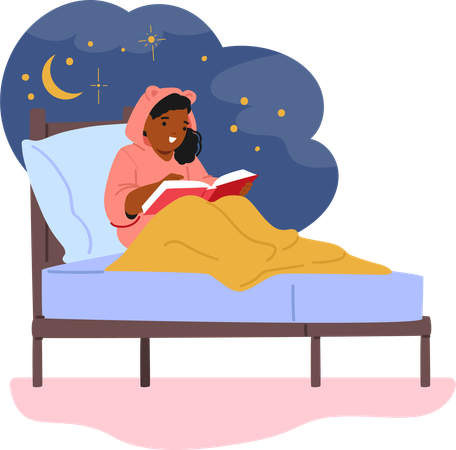 Little Girl Reading In Cozy Bed  Illustration