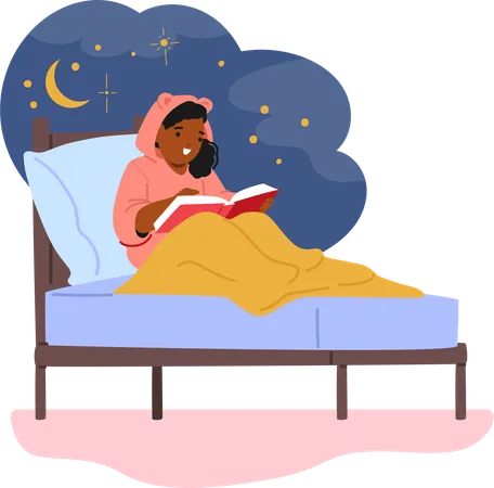 Little Girl Character Reading In Cozy Bed Child Captivated By A Book Immersed In A World Of Imagination With Soft Light Casting A Warm Glow On The Pages Cartoon People Vector Illustration Illustration