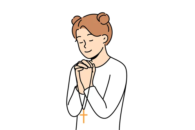 Little girl reads prayer while crossing palms near chest and holding christian cross in hands  Illustration