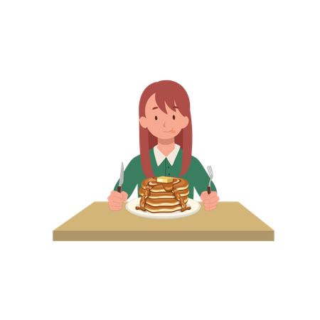 Little girl ready to having tasty pancake  Illustration