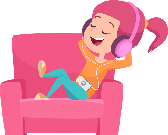 Little girl relaxing on couch while listening music  Illustration