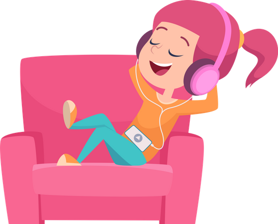 Little girl relaxing on couch while listening music  Illustration