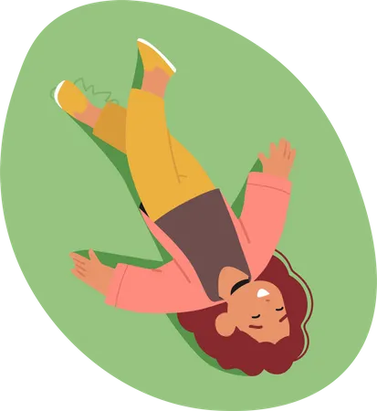 Top View Of Little Girl Resting On Green Meadow Enjoying Nature Surrounded By Natures Beauty Capturing The Essence Of Innocence And Tranquility Looking Up At The Sky Cartoon Vector Illustration Illustration