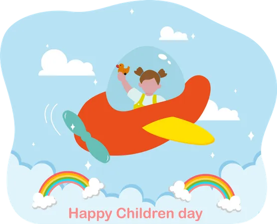 Little girl riding plane  Illustration