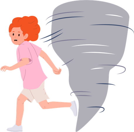 Little girl running away from approaching tornado natural disaster  Illustration