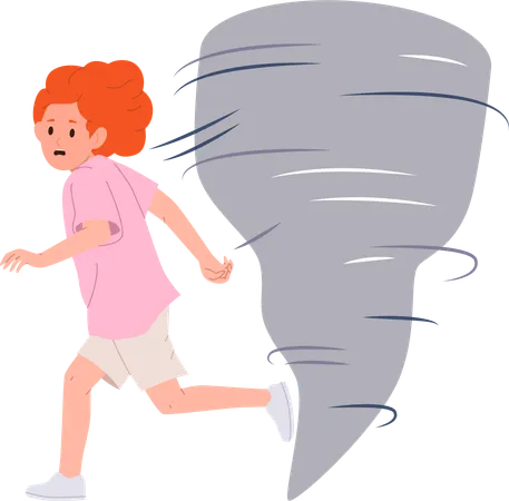 Afraid Little Girl Child Cartoon Character Screaming Running Away From Approaching Tornado Escaping Natural Disaster Vector Illustration Isolated On White Background Children In Dangerous Situation Illustration