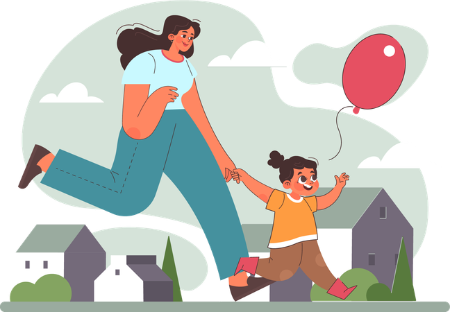 Little girl running with mother to catching balloon  Illustration