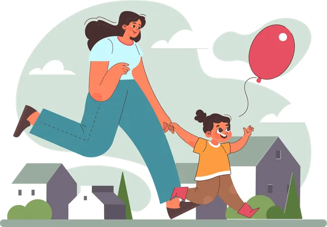 Little girl running with mother to catching balloon  Illustration