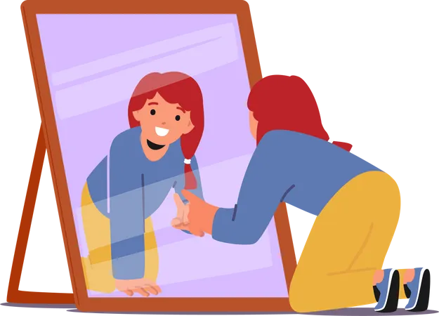 Little Girl Scrutinizing A Mirror Examining Her Reflection Located In Front Mirror Standing On Floor Revealing Feelings Of Self Awareness Isolated On White Background Cartoon Vector Illustration Illustration