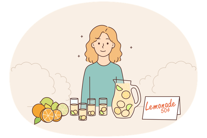 Little girl selling homemade lemonade outdoors  Illustration