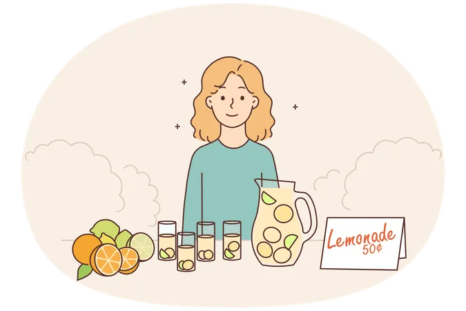 Little girl selling homemade lemonade outdoors  Illustration
