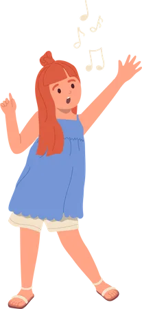 Joyful Little Red Haired Girl Cartoon Female Kid Character Singing Song Loudly Gesturing Waving Hands Performing Home Concert Vector Illustration Isolated On White Background Talented Children Illustration