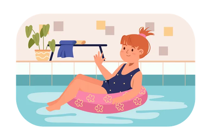 Little girl sitting on rubber ring in swimming pool  Illustration