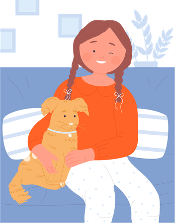 Little girl sitting on sofa with pet  Illustration