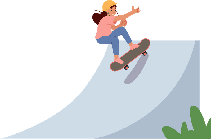 Little Girl Skating and Jumping in Skate Park Illustration