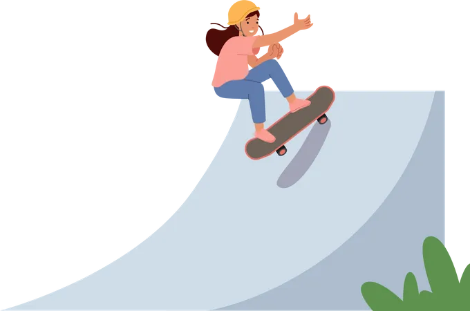 Little Girl Skating and Jumping in Skate Park  Illustration