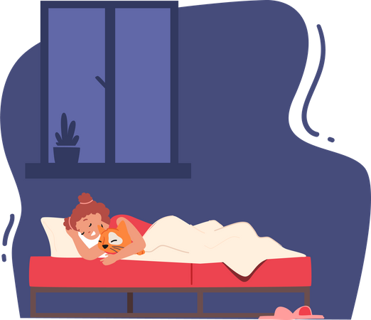 Little girl sleeping on bed Illustration