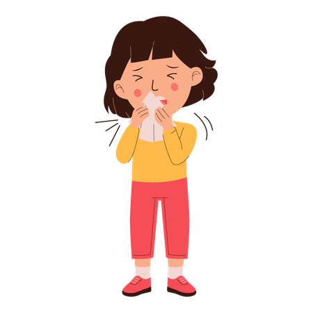 Little girl sneezes with tissue  Illustration