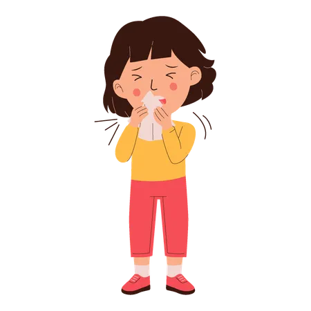 Little girl sneezes with tissue  Illustration