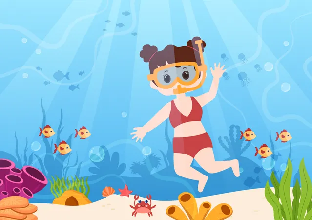 Little girl snorkeling in underwater Illustration