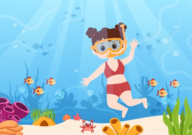 Little girl snorkeling in underwater  Illustration