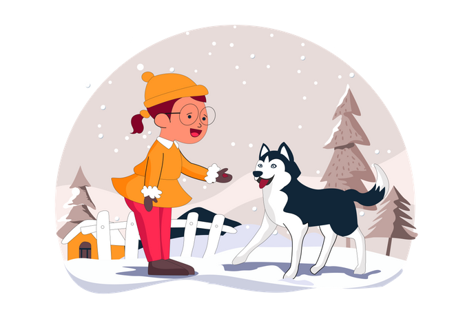 Little girl standing with dog  Illustration