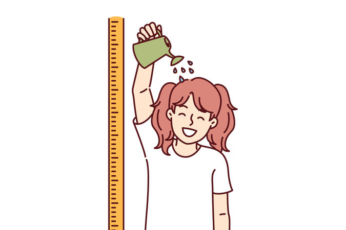 Little girl stands near ruler for measuring height and pours water  on head  일러스트레이션