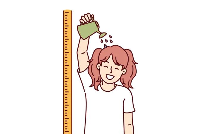 Little Girl Stands Near Ruler For Measuring Height And Pours Watering Can On Head Wanting To Stop Being Child Funny Child Dreams Of Getting Taller And Going To High School Or College Illustration