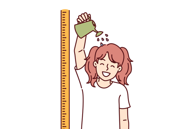 Little girl stands near ruler for measuring height and pours water  on head  イラスト