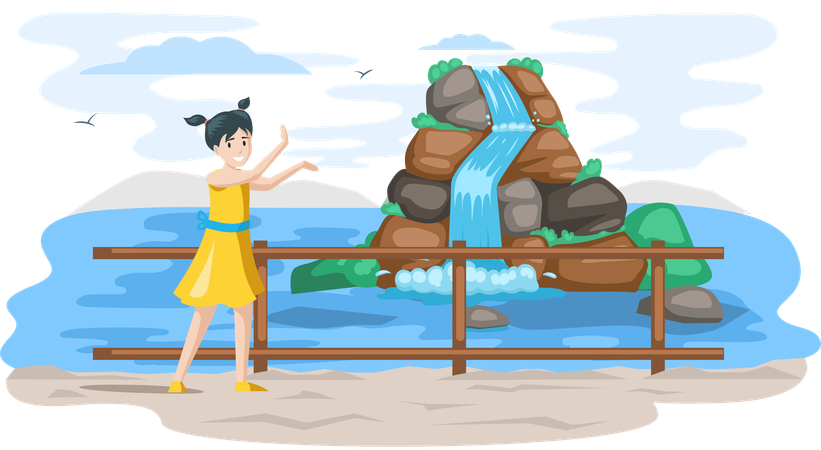 Little girl stands next to Waterfall in mountains natural landscape in park on Jeju island  Illustration