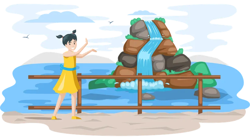 Little girl stands next to Waterfall in mountains natural landscape in park on Jeju island  Illustration