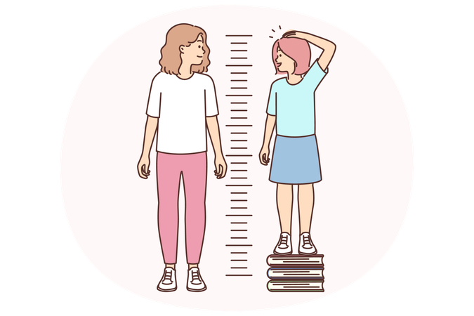 Little girl stands on books measuring growth and wants to compete with older ster  Illustration