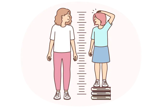 Little girl stands on books measuring growth and wants to compete with older ster  Illustration