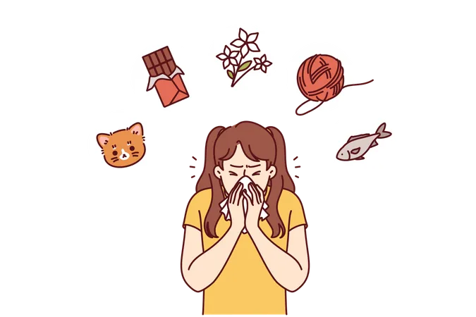 Little Girl Suffers From Allergies And Sneezes Because Cat Fur Or Chocolate And Blooming Flowers Child Needs Medication For Allergies Or Visit To Pediatrician For Recommendations On Treatment Disease Illustration