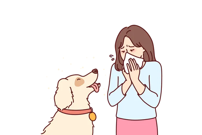 Little Girl With Dog Suffers From Allergies And Uses Handkerchief When Communicating With Beloved Pet Teenager Child Blows Nose Into Paper Napkin Due To Allergies Or Rhinitis Caused By Dog Hair イラスト