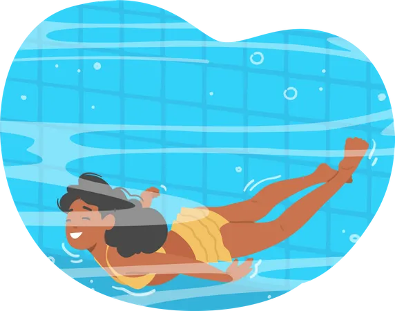 Little Girl Character Paddles Through The Shimmering Water Of Swimming Pool Her Face Beaming With Delight Child Conveys A Sense Of Joy And Carefree Fun Cartoon People Vector Illustration Illustration