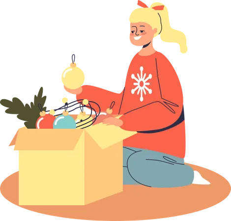 Little girl taking christmas decoration toys for Xmas tree Illustration