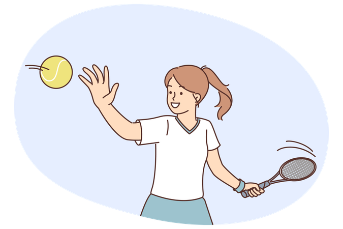 Little girl tennis player trains by hitting ball with racket while wanting to score goal for opponent  Illustration