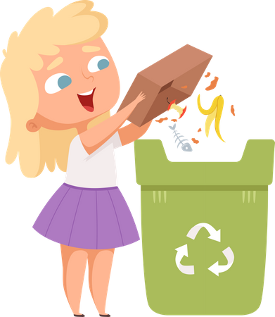 Little girl throwing trash in dustbin Illustration