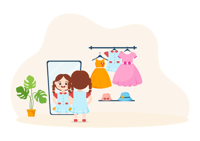 Little Girl Trying Dress  Illustration