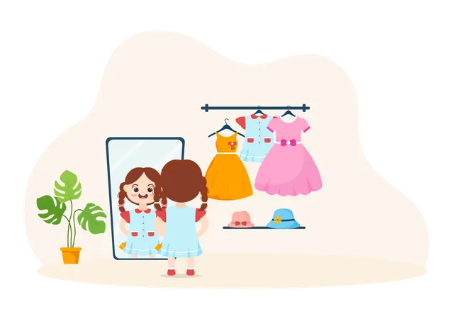 Little Girl Trying Dress  Illustration