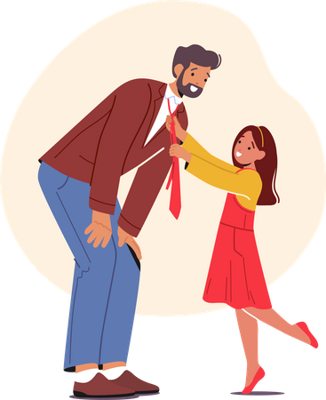 Little Girl Tying Bow On Her Dad's Shirt Collar  Illustration