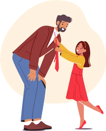 Little Girl Tying Bow On Her Dad's Shirt Collar  Illustration