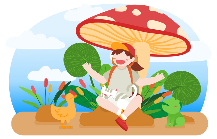Little girl under mushroom and playing with kitten, drug and frog Illustration
