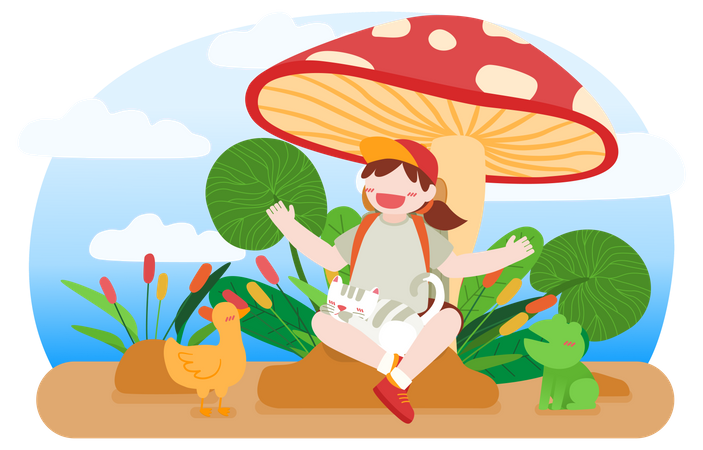 Little girl under mushroom and playing with kitten, drug and frog  Illustration