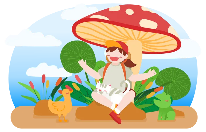 Little girl under mushroom and playing with kitten, drug and frog  Illustration